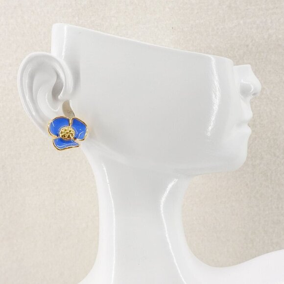 Tory Burch Fleur Flower Stud Earrings Blue OS - Picture 7 of 13